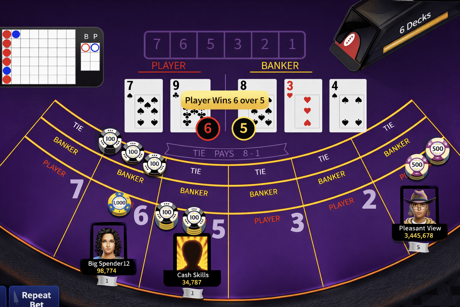Online Baccarat game with a win for the player.